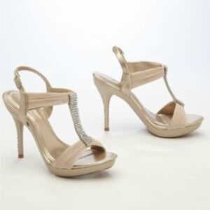 Michaelangelo Champagne Satin T-Strap High Heel Sandals with Rhinestones